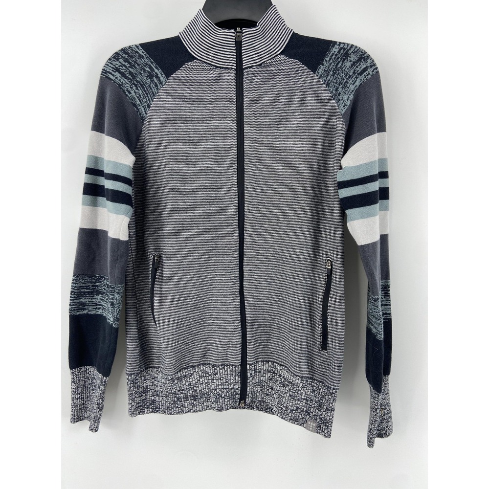 Title Nine Jacket Womens Medium Gray‎ Striped Zip Knit Pockets Active Stretch